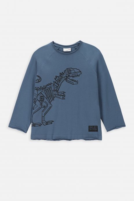 Tričko s dlouhým rukávem  modrý s potiskem dinosaura 2