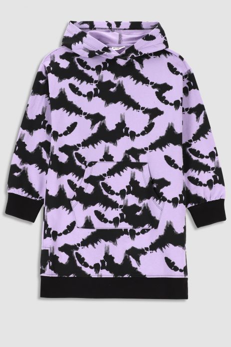 Pleteninové šaty s dlouhým rukávem fialová teplákové klokaní s kapucí a vzorem tie dye 2