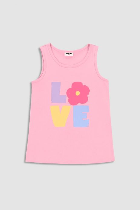 Tričko bez rukávů tank top v pudrově růžové barvě s květinou a barevný nápis 2