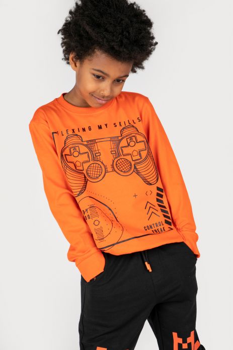 Tričko s dlouhým rukávem  oranžový s potiskem v hráčském stylu