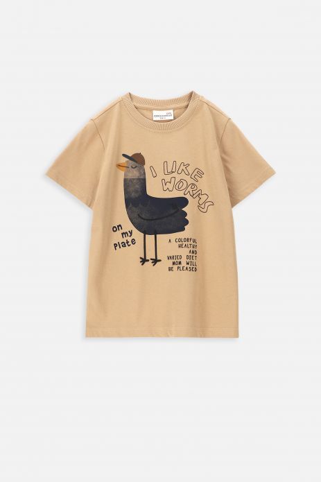 Tričko s krátkým rukávem béžový s potiskem ptáků a nápisy