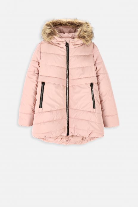 Zimní bunda pudrově růžová prošívaná s kapucí a kapsami 2