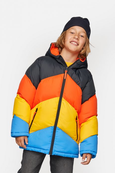 Zimní bunda vícebarevná pruhovaná s kapucí a kapsami