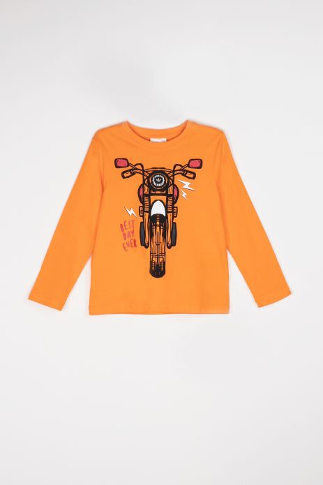 Tričko s dlouhým rukávem oranžové s potiskem motorky
